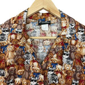 Vintage Teddy Bear Cat Shirt Button-Up Women Kawaii Novelty Print Short Sleeve